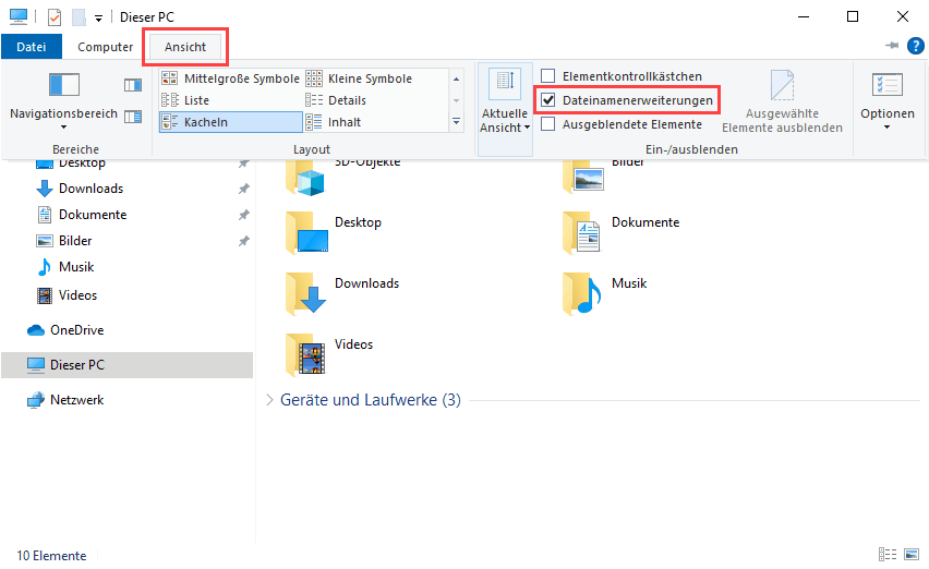 Windows 10 Dateinamenerweiterung anzeigen